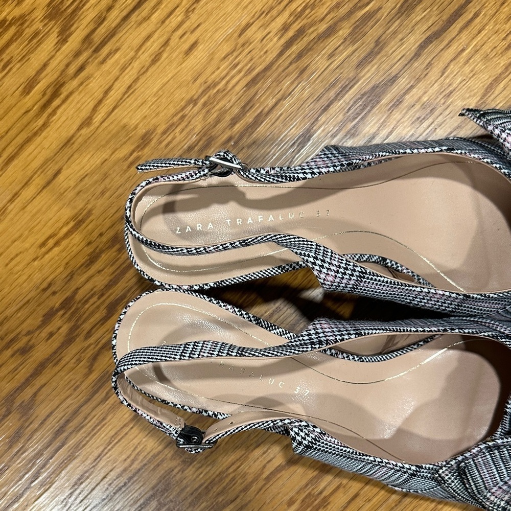*ZARA* Trafaluc Black x White Plaid Slingback Kitten Heels Size 37 - Picture 3 of 11